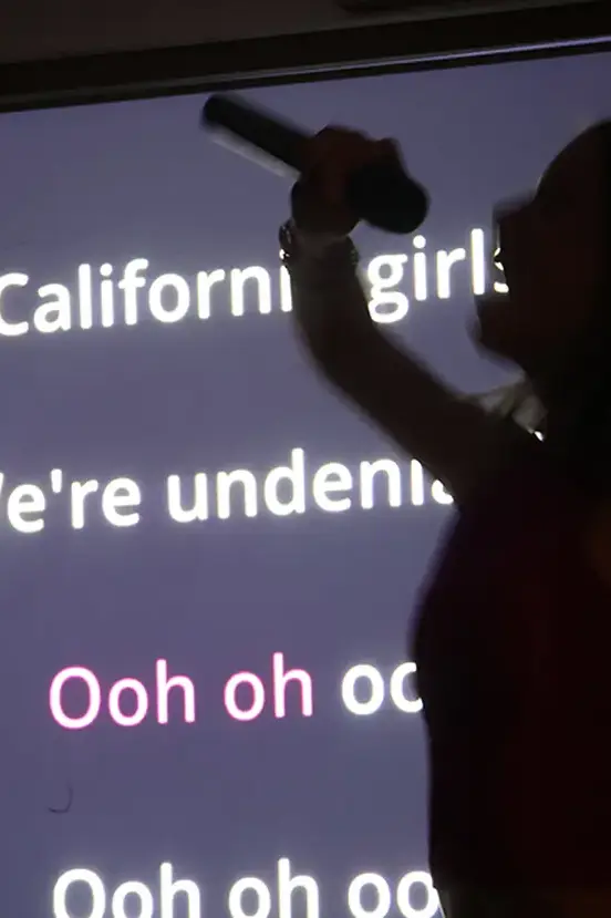 Silhouette of a person holding a microphone and singing karaoke in front of a screen displaying song lyrics.