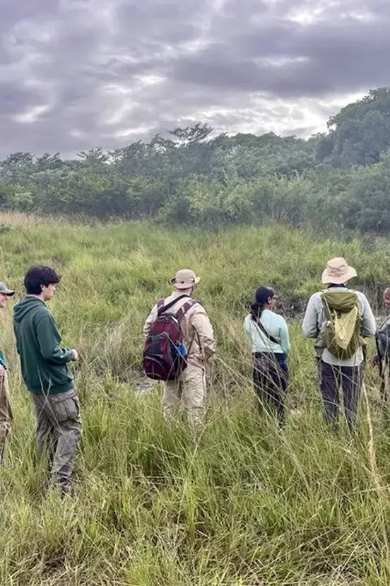 A group of students with backpacks hiking through a lush, grassy outdoor landscape. 